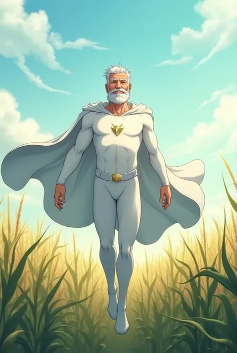 Tall elderly man in white cape with short grey hair, full beard, wearing tight white original superhero costume, small gentle smile, floating in a corn field, anime style