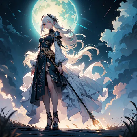 (((masterpiece, best quality, high detailed, 16k))) (1girl) A celestial goddess with long flowing silver hair that blends into stormy winds. Her piercing blue eyes glow like the depths of the night sky. She wears robes of swirling clouds, laced with golden...