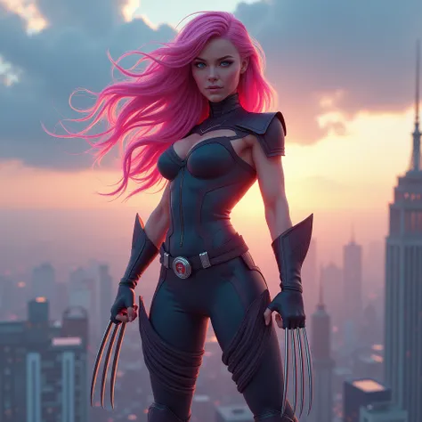 Imagine a woman with long pink hair in the Wolverine costume standing on a building with a beautiful sky in the background, full body without a mask on her head, no mask on face, looking at the camera.