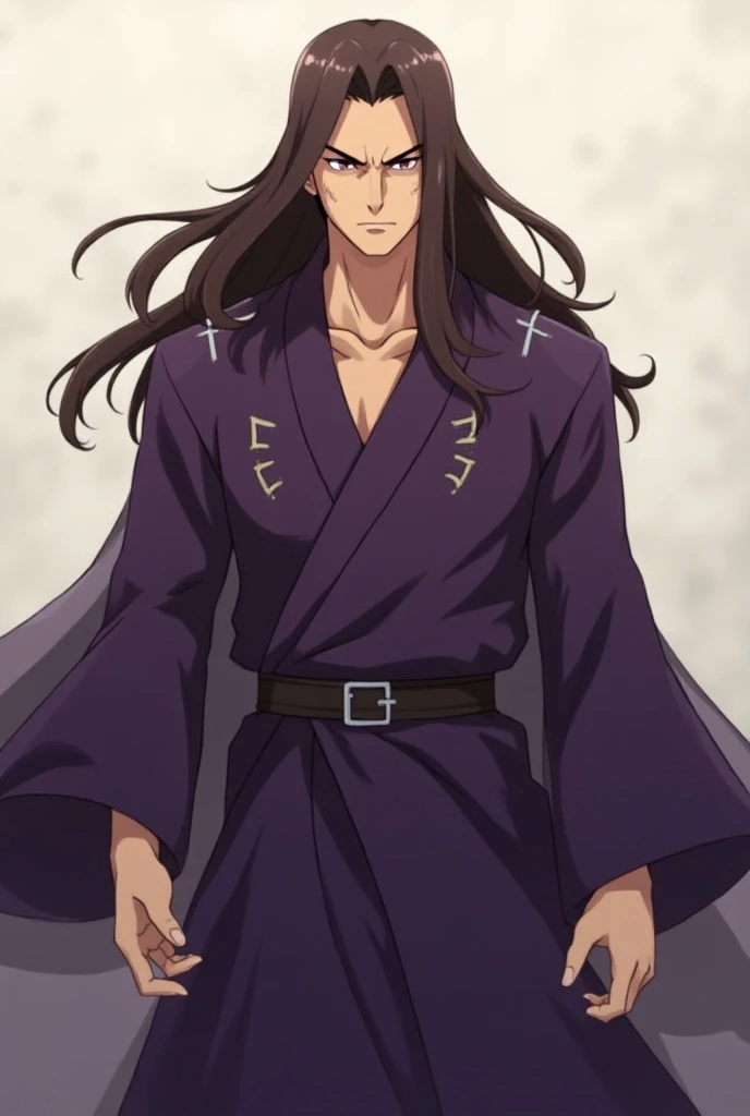 A male anime character with long brown hair wearing a purple robe and with a serious and slightly angry personality