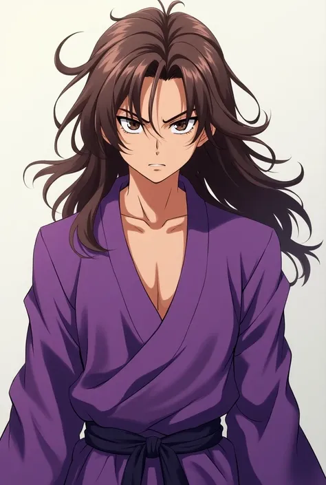 A male anime character with long brown hair wearing a purple robe and with a serious and slightly angry youth-looking personality