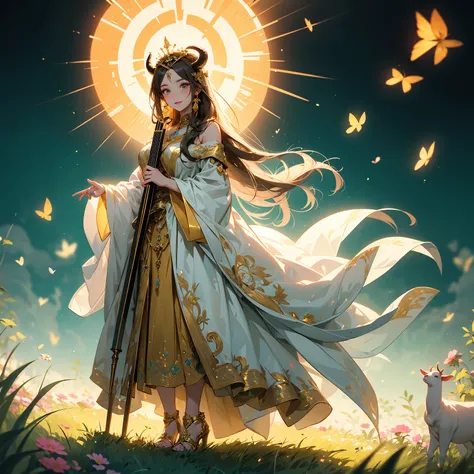  ((masterpiece, ultra detailed)) (1girl) A radiant goddess with long flowing hair, her skin glowing with an inner warmth. She wears a crown with the sun disk and cow horns, symbolizing her divine connection to joy and love. Her robes are decorated with gol...