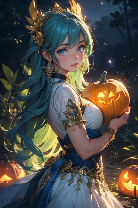 a girl living in a beautiful and elaborate fantasy forest,  incredibly elaborate pumpkins  ,   magical particles of light dancin...