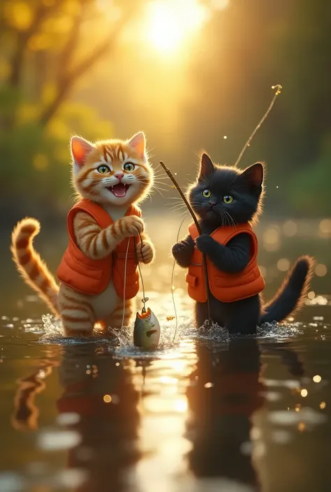     1 fish and 2 cute tiger cats and black cats in fishing vests ,  The cats eyes are wide with excitement  .  The cat has a short fishing pole  、  fish with lures I just caught  .  The cats eyes are wide with excitement ,  His tail is trembling with antic...