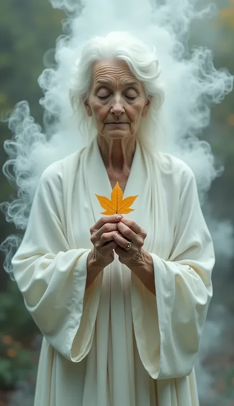 An old woman in white smoke appears with an autumn leaf in her hands with a smile while her eyes are closed. 