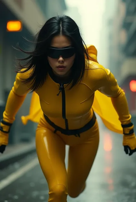 (yellow cyberpunk speed tactical suit:1) (1woman) dark theme :: focus on closeup face, serious face, cibetic visor, :: medium black hair, thick thighs :: ultra realistic futuristic speedster scifi cyberpunk athletic woman, black eyes, ((running in the midd...