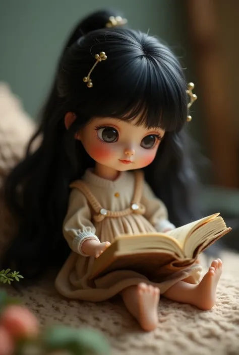 Create an image of a girl with black hair and long laughs sitting reading a book, Cute in the shape of a small doll