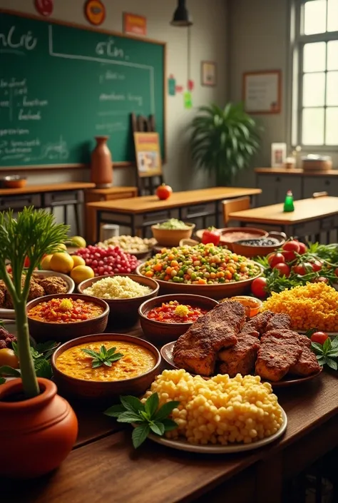 I need you to create an image in which a stand is shown in which it is exhibited
The typical Colombian food in a classroom and the place has to be set in a Colombian atmosphere  