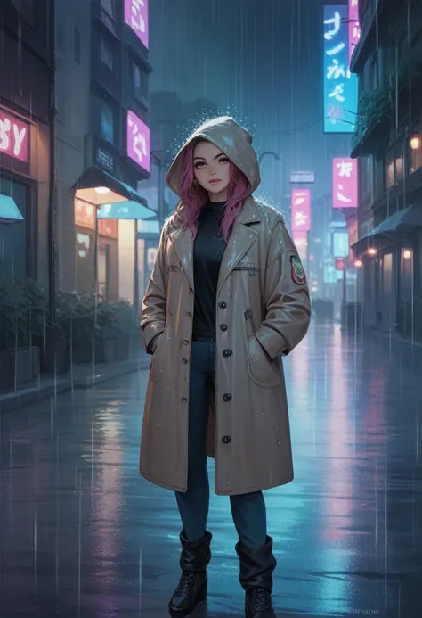 1 girl,night city,rain,coat,hands in pockets