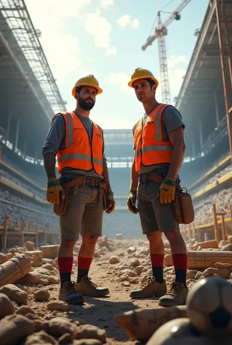 To Leonel Messi and Cristiano Ronaldo dressed as industrial engineers in a stadium under construction