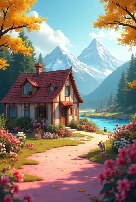 A house in the woods with animals and a river with snowy mountains in the back with beautiful flowers with a pink soil with yellow leaves