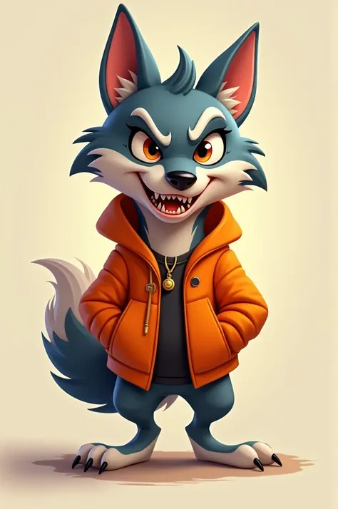  An animated wolf looking maliciously ,dressed in orange clothes 