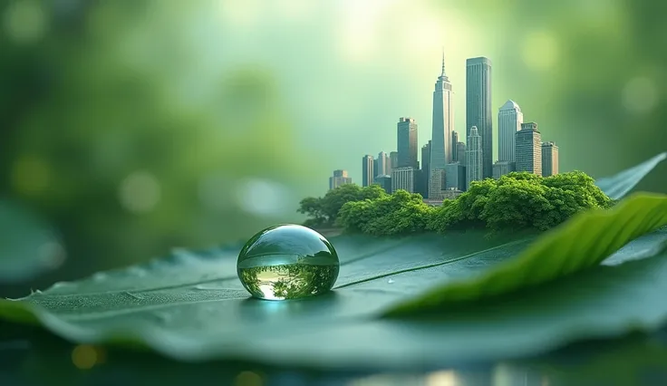 "The bustling cityscape, when zoomed out, transforms into a single water drop on a leaf."