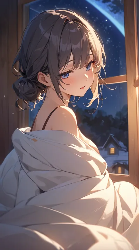 One Girl、Calm、 medium length hair 、 Moonlight、 Calm Breathing 、Small breasts、 gentle expression、 Small Plush 、  
break、  
Starry Night、（ Soft Focus :1.2）、Deep Blue、Blinking Light 、 Comfortable Warmth 、Peaceful tranquility、 Reassuring Aura 、  
break、  
 Bed...