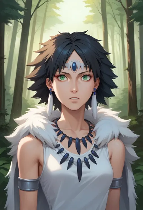 mj3d style,3dmm,3d,(masterpiece,  best quality:1.1), Ghibli style, Mr. Miss. (mononoke hime),  1 girl, armlet, bangs,  Black Hair , black undershirt, chest, Cape,  circlet,  earrings, Pigments, Floating Hair, forest, fur Cape, green eyes,  Jewelry ,  Stari...