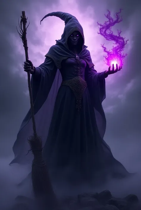 Dark witch standing on a broom with purple magic around her front 

