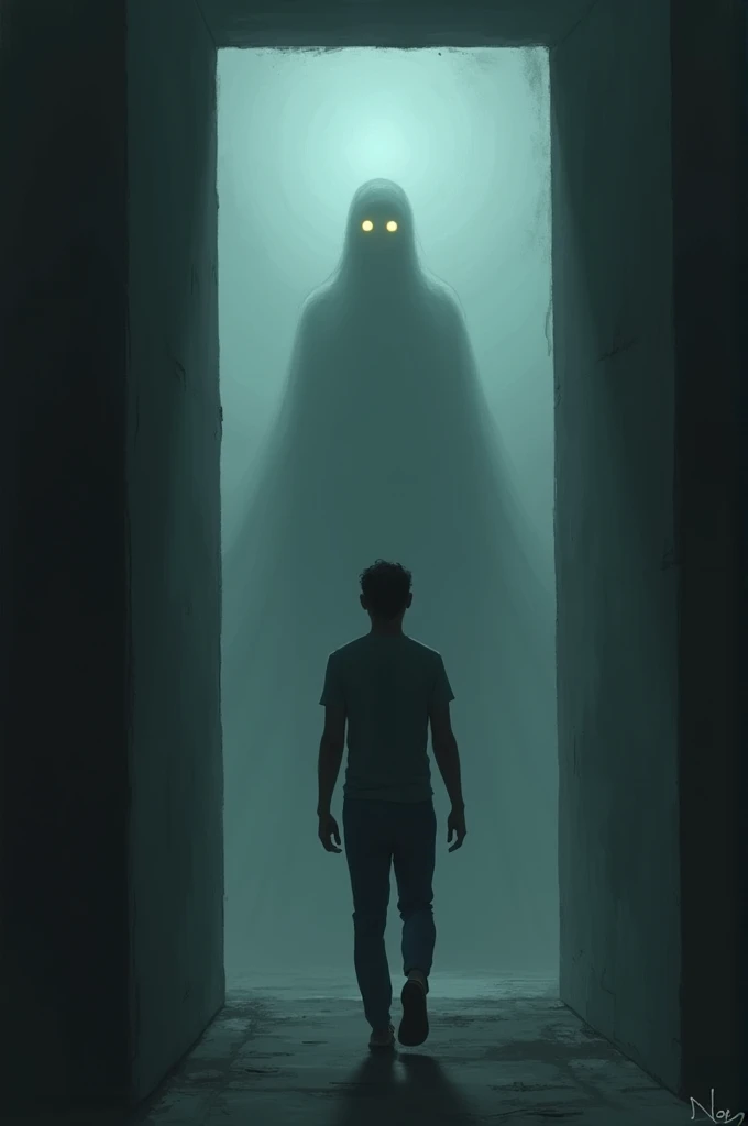 The faceless shadow glides silently across the room toward the terrified man. Its form is barely defined, more like a dense fog or mist, with only the glowing eyes standing out.