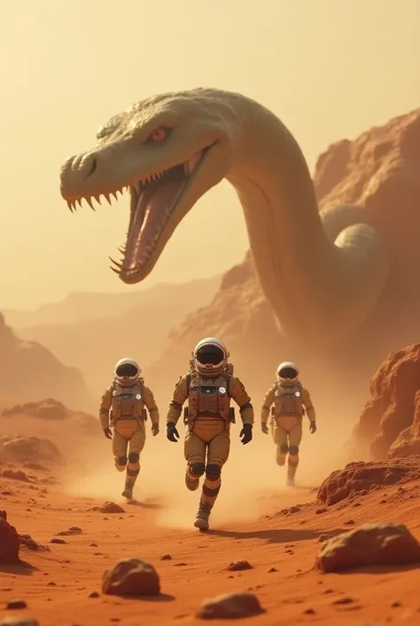 on Mars. 3 astronauts flee from a giant snake