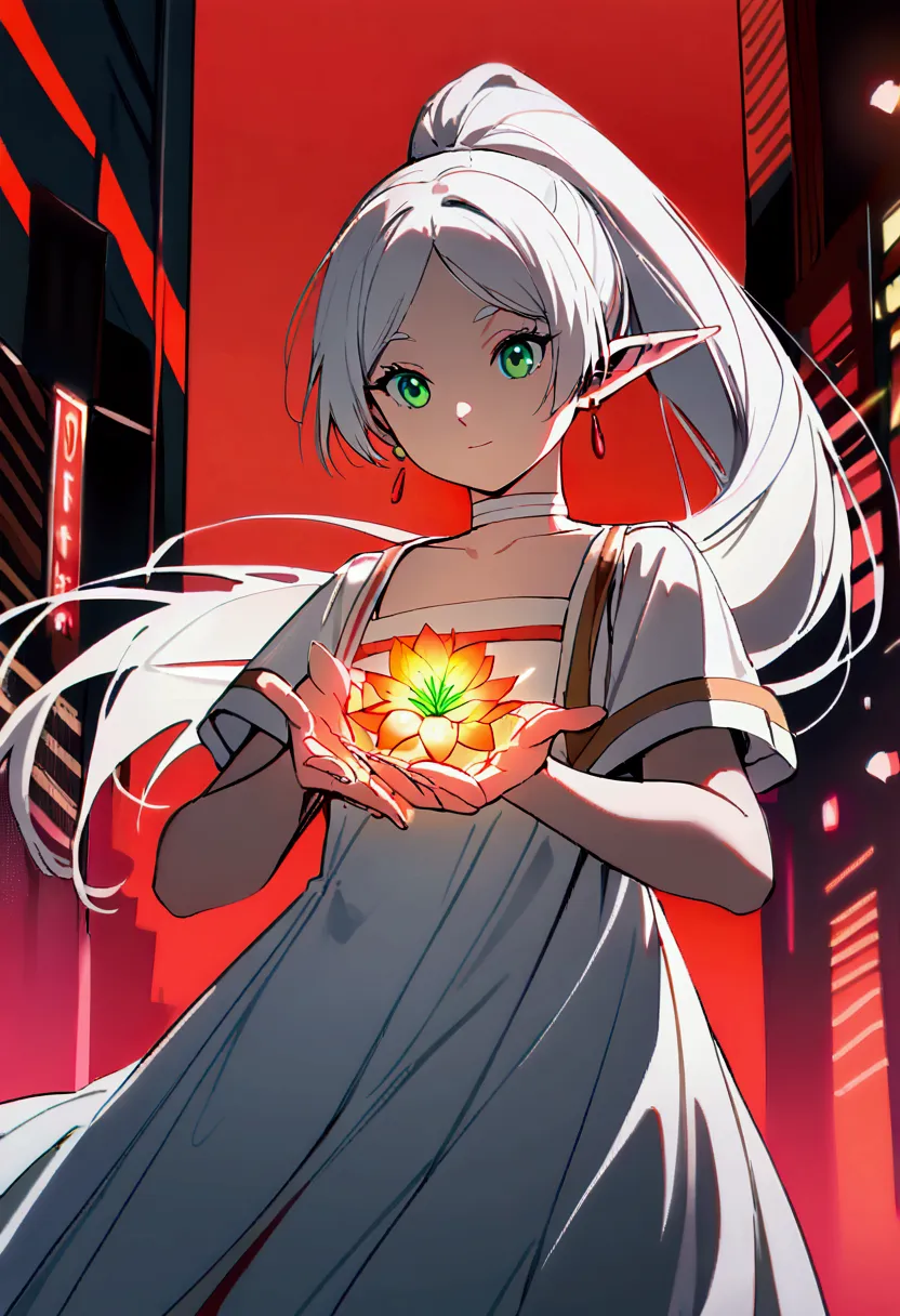 against the backdrop of the night city( red neon colors, haze in the sky), young woman ((FrierenDress, green eyes, white hair, long hair, ponytail, earrings, white choker, white dress, short sleeves), (magic in hand (fire flower)))