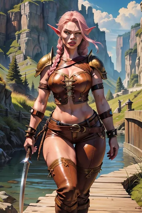 a large, pink-skinned ogre woman with long, gray braided hair, yellow eyes, small pointed ears, thin lips with small fangs, a ro...