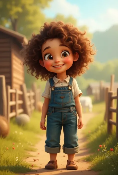  baby standing , girl,  with curly brown hair and smiling, light skin. farm clothes 