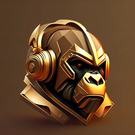 centered, isometric, vector art, Logo,  illustration of a futuristic gorilla, fierce appearance,  with headphones , bronze background .