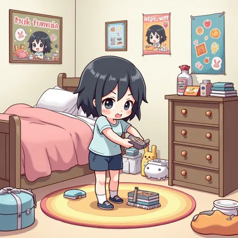 Daily routine, chica tomboy, pelo negro corto, organizing her room, cute, chibi