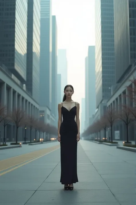 A woman standing on a street with no one