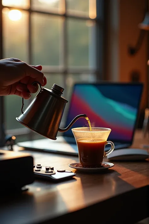 Hand drip coffee around making music on a Macbook