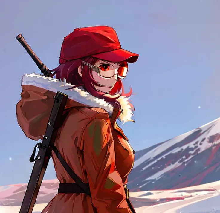 Alone, medium hair, rifle on his back , red cap, long brown fur coat , pantalones rotos,  red night vision goggles, big breasts, language,  simple background , cuerpo completo, darkness, snow