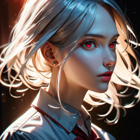 a beautiful woman with silver hair, pale skin, wearing a school uniform from the anime "Evangelion", red eyes, original character from Neo Genesis Evangelion, cinematic lighting, highly detailed, masterpiece, photorealistic, 8k, studio lighting, hyper deta...