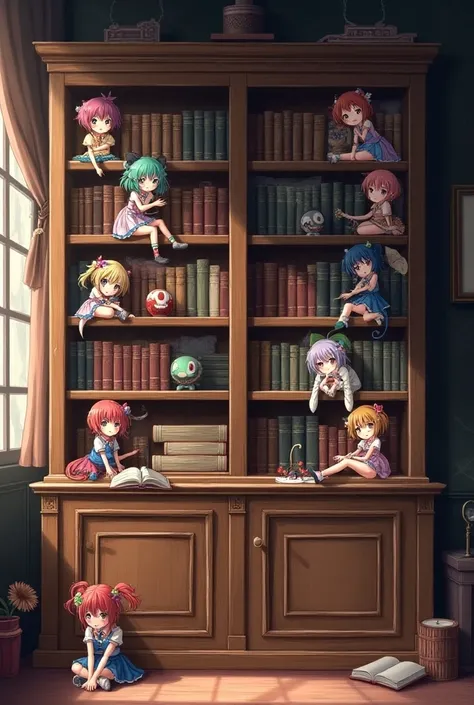 10 anime girls on a bookshelf.