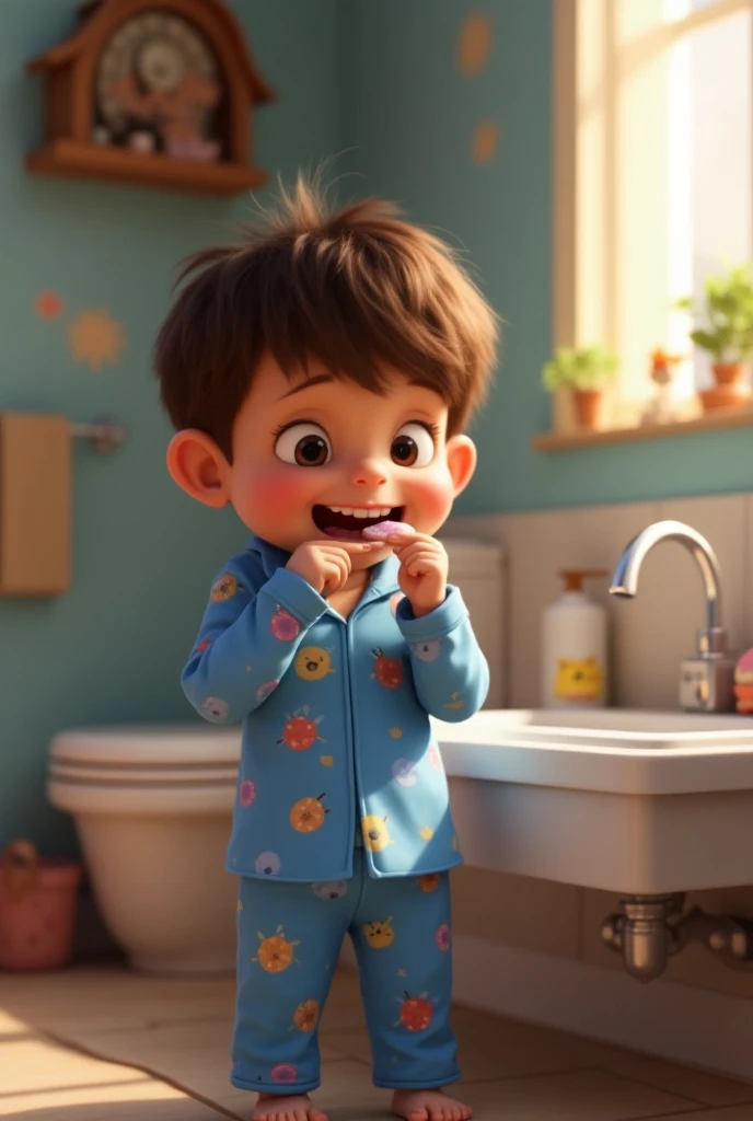 Creer image dun jeune garçon de 3 ans, style disney pixar, portant un pyjamas bleu avec des pingouins, qui fait laction de se brosser les dents, devant un miroir, devant un lavabo, avant le dodo, disney 4D 