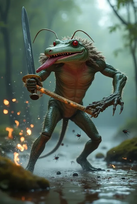  Man with frogs eye , Alligator Coca ,  monkey hair ,  rhinoceros body ,  eagle legs and giraffe arms, With pink skin tongue sticking out,  holding a sword with his tongue, Fire coming out of the eyes ,  fighting an electrical lightning snake in the water....