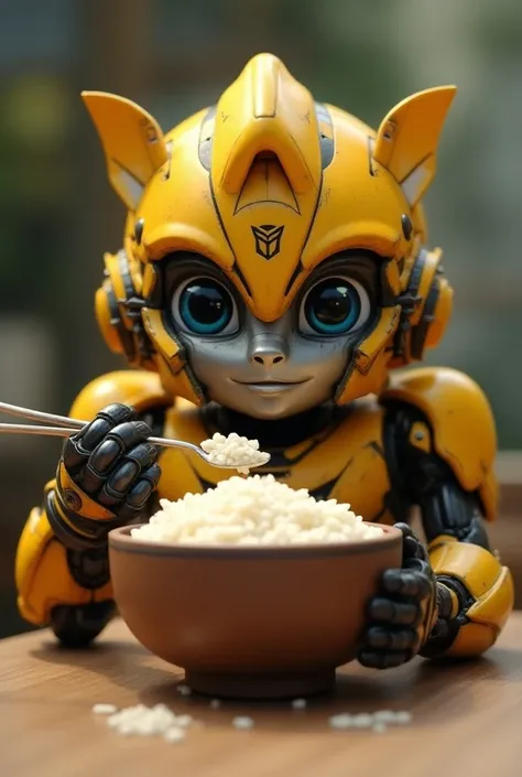 Bumblebee the one from the blue and red Transformers movie with a sweet face eating grainy rice in a bowl