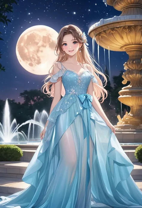  cute girl 　  light blue long hair　smile　Iridescent Long Dress 　In front of a big fountain、Fountain Starry Sky 　Moonlit Night with a Full Moon 　Full Body Espian　Facial highlights　 Iridescent Illuminated Fountains　 upper body close-up