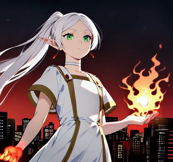 against the backdrop of the night city ( red neon colors, haze in the sky), young woman ((frierendress, green eyes, white hair, ...