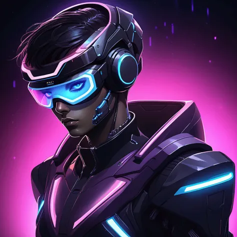 (((general plan))), (an android from the future with synthwave style cybernetic), cyber punk bionic, ((Black futuristic suit with LED lights)), (using a virtual reality glasses), Background with neon and LED light rays, orange lights, with very realistic t...