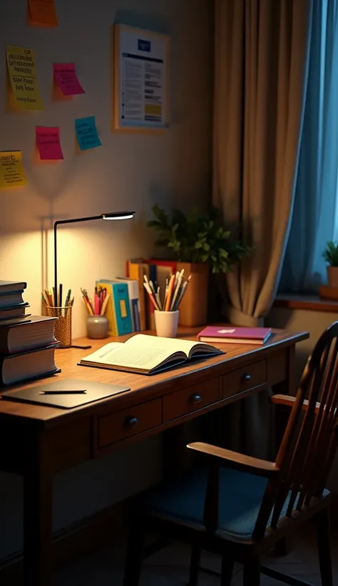 Study table image with books and laptop amd digital study light in night and sticky notes on wall in indian style table full of books 