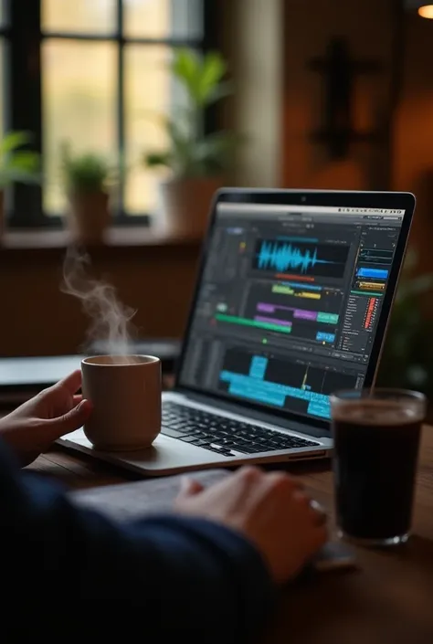 Making music on a Macbook while drinking coffee 