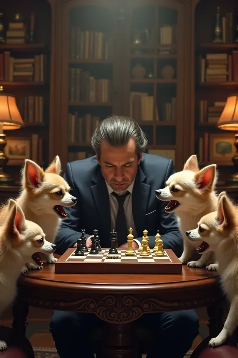 4 docile Chihuahuas dogs growling at a concentrated chess master