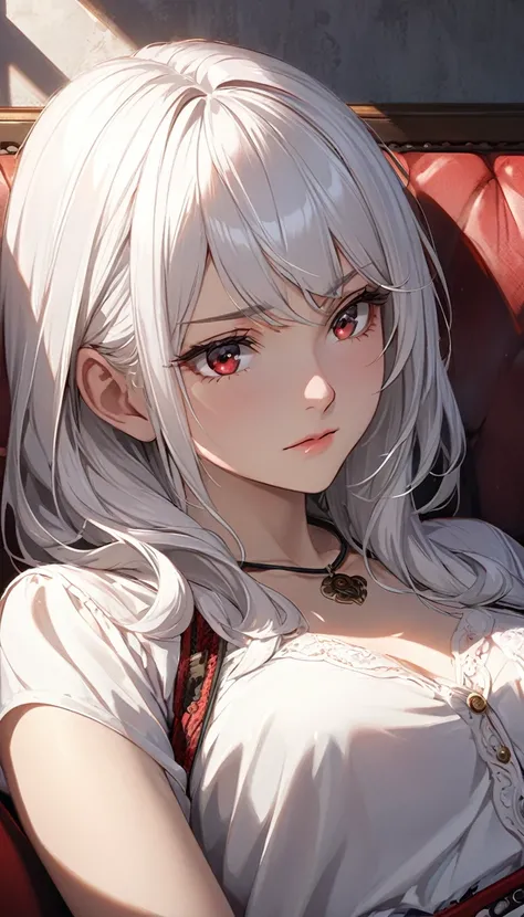 Detailed analysis, Detailed work,  Best Quality , 1440p clarity, Realistic light and shadow, Anime, background, sofa, จากซีรีย์ Alya Sometimes Hides Her Feelings in Russian, alisa mikhailovna kujou, Long white hair, I&#39;m floating, Red hair ribbon,  blue...