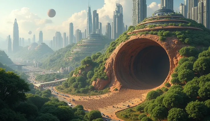 "A detailed anthill, zoom out to see it transform into a sprawling metropolis."