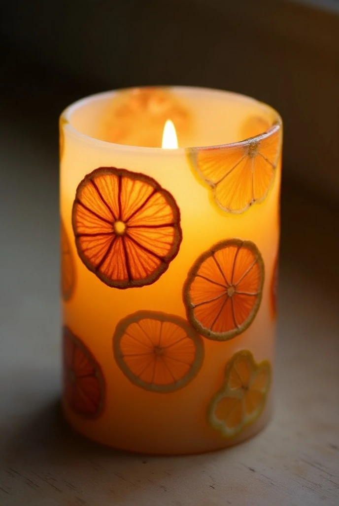 Handmade candle made with dried citrus fruits