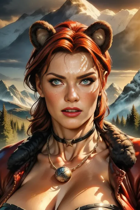 a robust woman bear with bear ears and fangs, wearing scandinavian warrior clothes, a redheaded woman with freckles, mountainous...