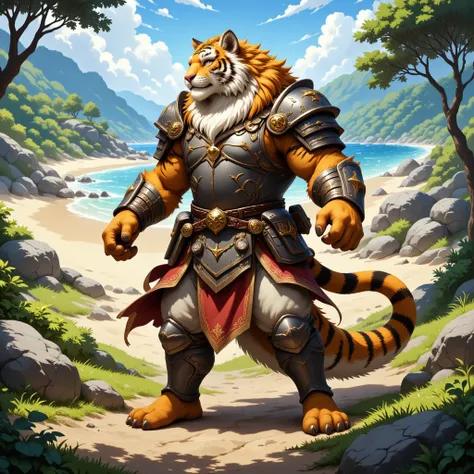 character focus, full body, looking away, various angle, european fantasy, a muscular middle-aged tiger man, clothed, heroic costume, full armor, pants, dynamic pose, BREAK complete anatomy, perfect proportions, beautiful thigh gap, fluffy body, intricate ...