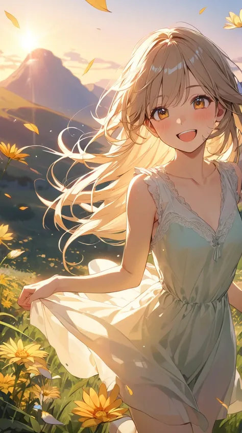 One Girl、 excited expression 、Long flowing hair、 casual clothes 、 running happily 、Small breasts、 playful energy、Smiling Face、  
break、  
Sunset glow、（ brightly colored :1.3）、Warm Light、Soft Shadows、Bright atmosphere、 feeling free 、  
break、  
 open field ...