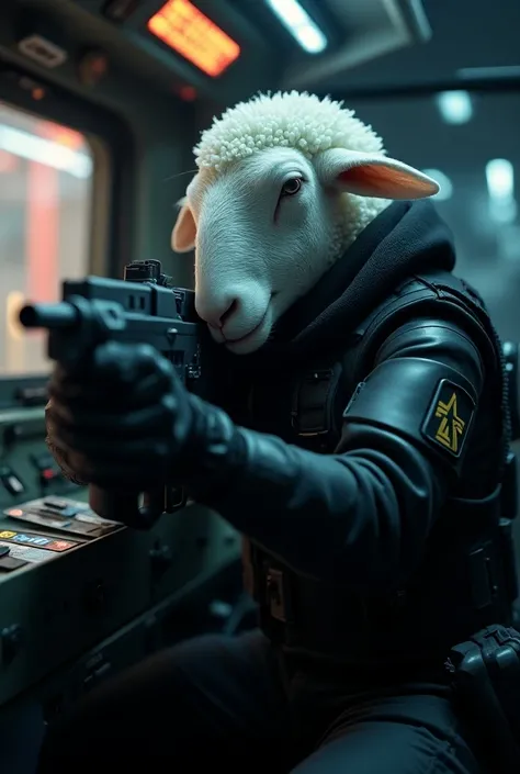 Humanoid male lamb with adult white snail cipher, With Cyberpunk black military armor,  aiming with a futuristic machine gun.  inside a futuristic military truck.  he is inside the , In the control center . neon. is.   blurry cyberpunk style background 