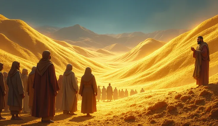 The travelers stand in awe as they arrive at a valley filled with gleaming piles of gold, shining under the sunlight, with Prophet Isa (AS) explaining how the gold will be divided."