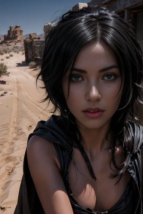 Beautiful girl, long black hair, scared, survivor, naked, in a short closed cloak, erotic, against the backdrop of the desert, post-apocalypse, running away from enemies, view from afar, full-length, hiding